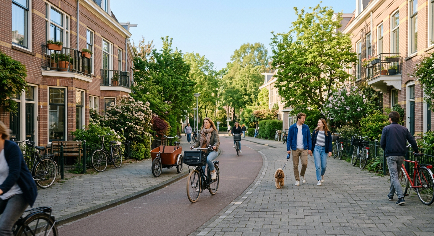 People walking and cycling on a quiet residential street