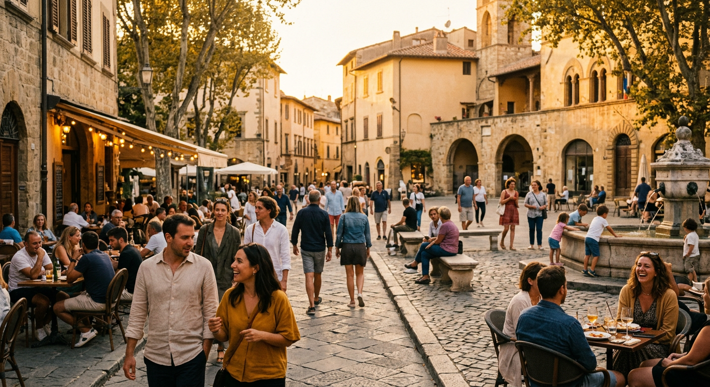 Town square at golden hour — people living ordinary, connected lives