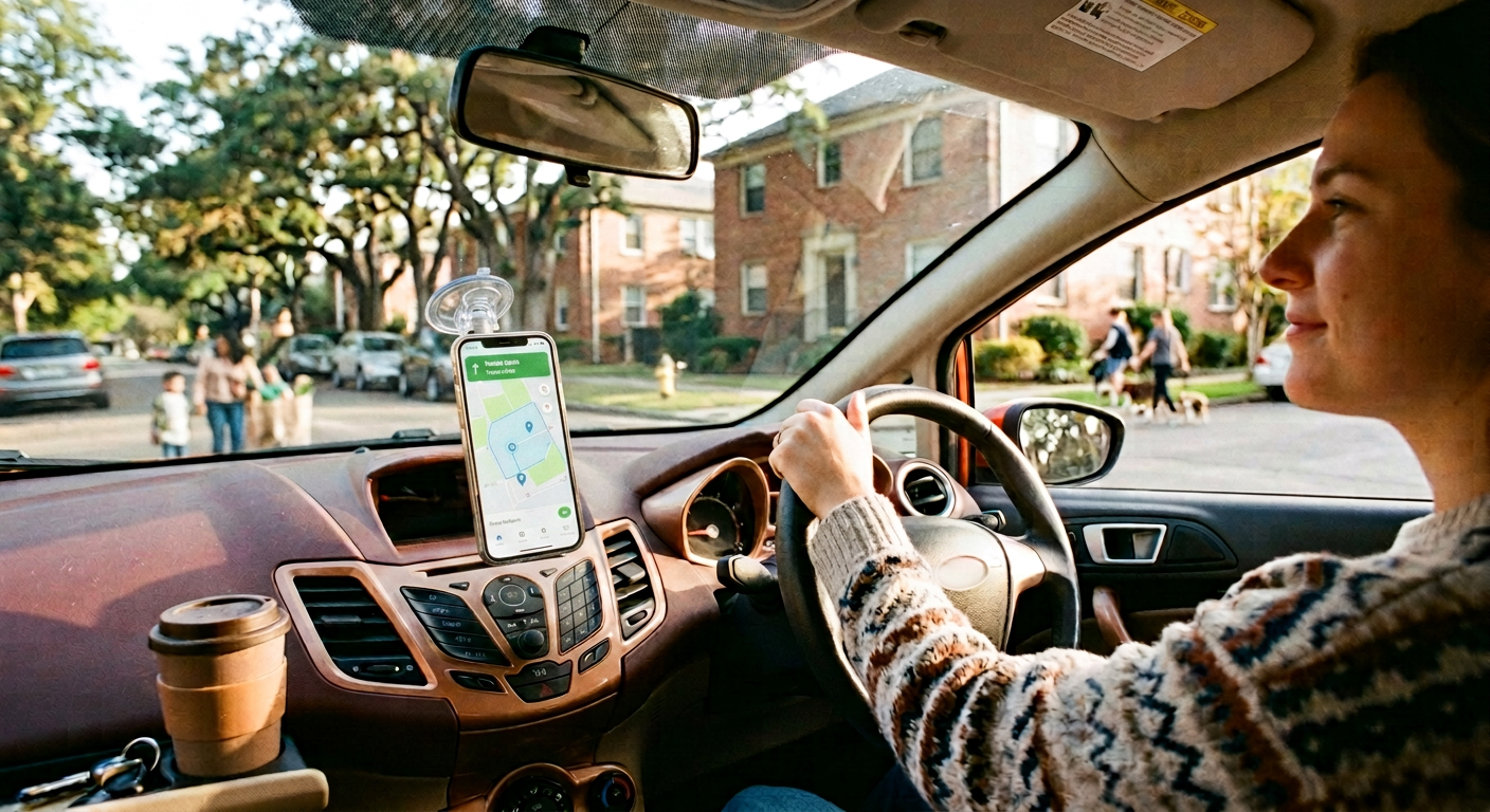 Everyday drive — phone on the dash, ordinary street ahead